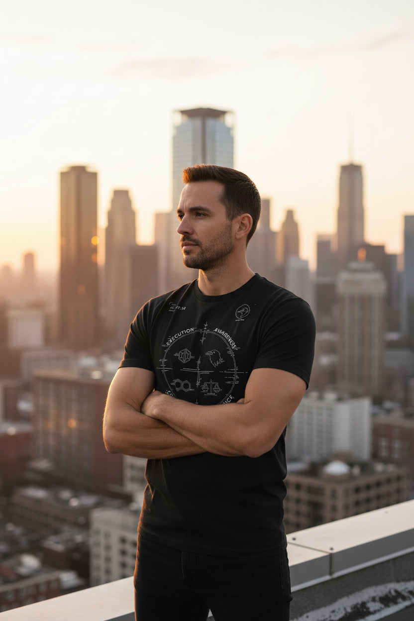 Execution Awareness Control Balance black graphic T-shirt by Grim Raven Labs