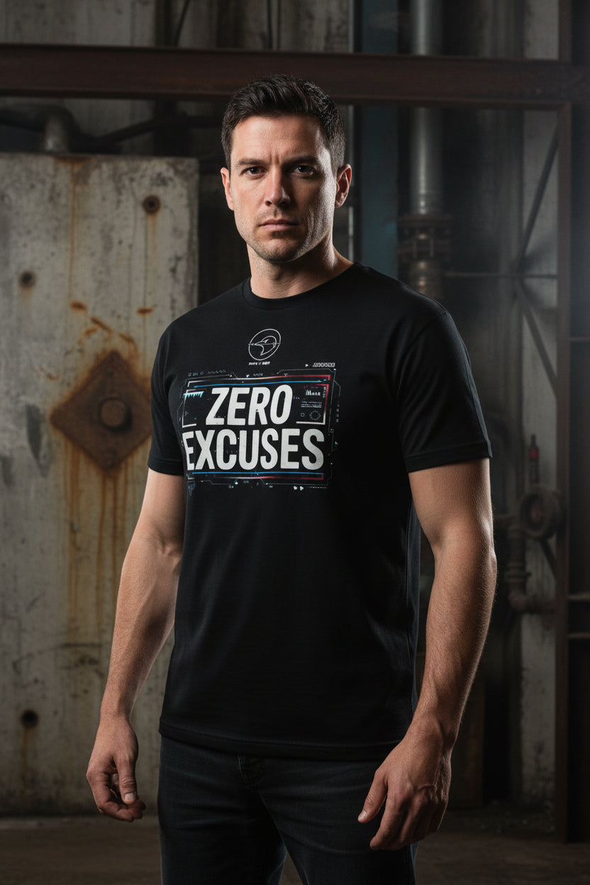 ZERO EXCUSES black graphic T-shirt by Grim Raven Labs