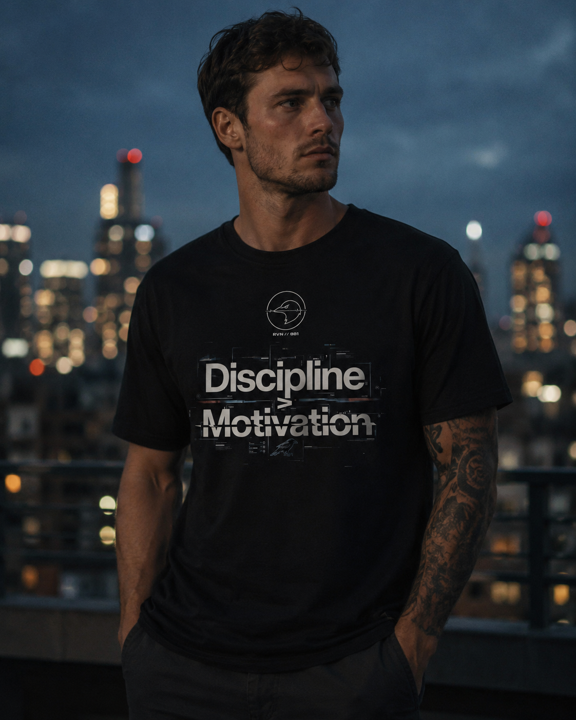 DISCIPLINE MOTIVATION black graphic T-shirt by Grim Raven Labs
