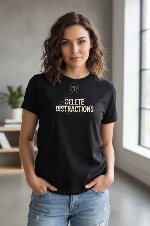 DELETE DISTRACTIONS black graphic T-shirt by Grim Raven Labs