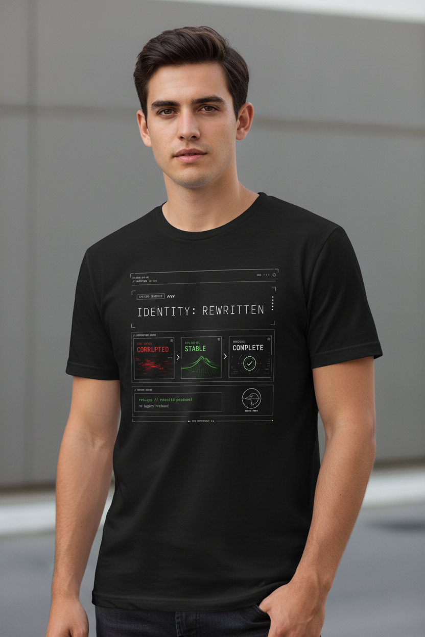 Identity Rewritten black graphic T-shirt by Grim Raven Labs