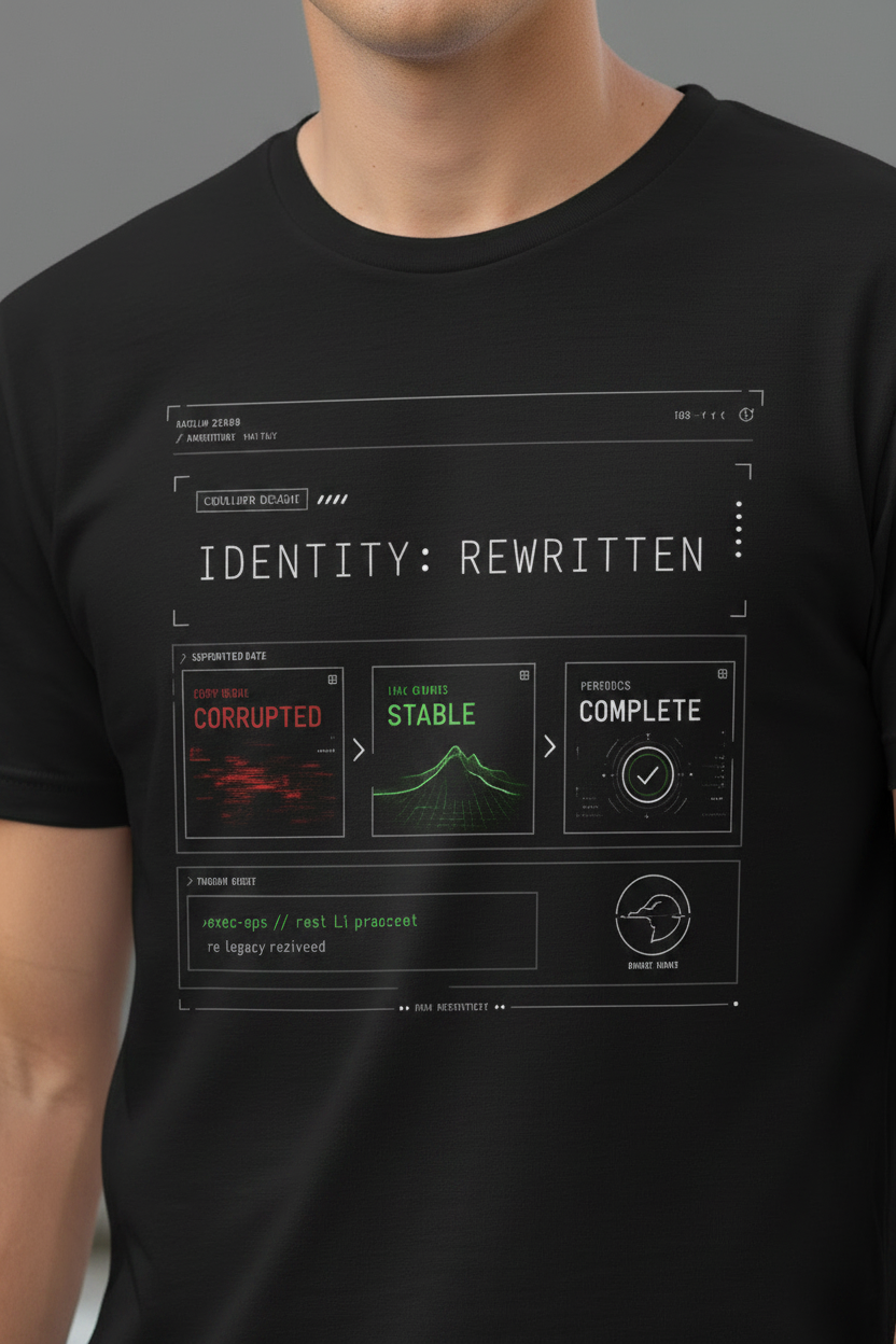 Identity Rewritten alternate black T-shirt mockup by Grim Raven Labs