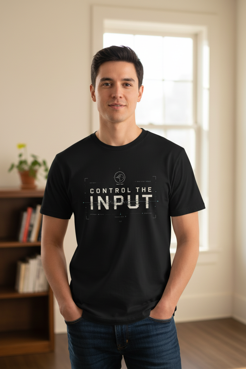 Control The Input alternate black T-shirt mockup by Grim Raven Labs