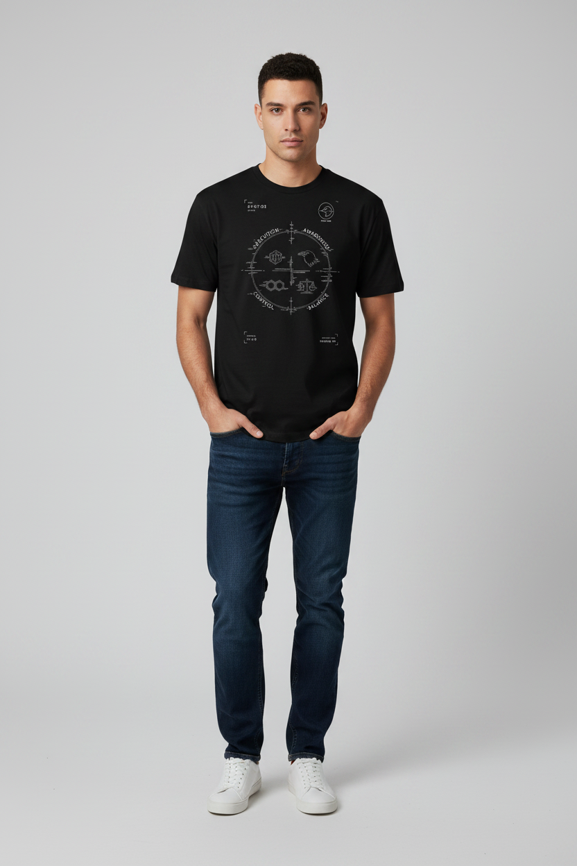 Execution Awareness Control Balance alternate black T-shirt mockup by Grim Raven Labs