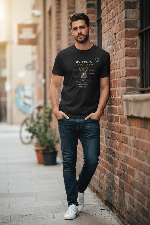 Data Integrity Verified black graphic T-shirt by Grim Raven Labs