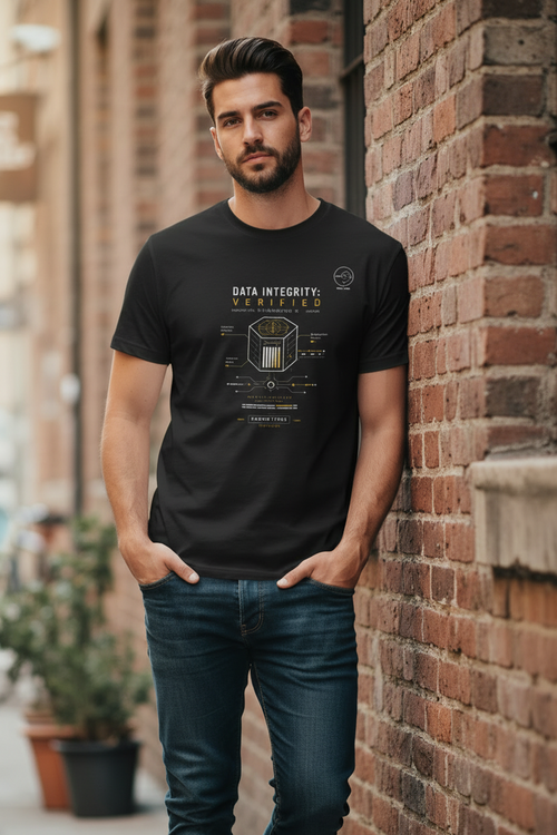 Data Integrity Verified alternate black T-shirt mockup by Grim Raven Labs