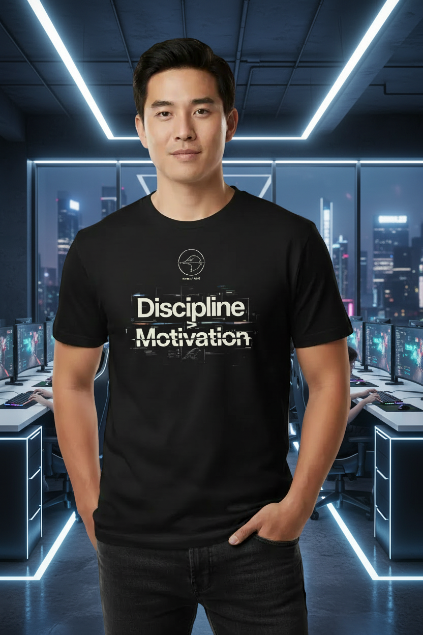 DISCIPLINE MOTIVATION alternate black T-shirt mockup by Grim Raven Labs